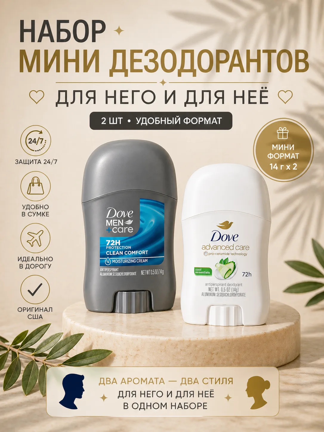 Набор мини дезодорантов Dove 2шт